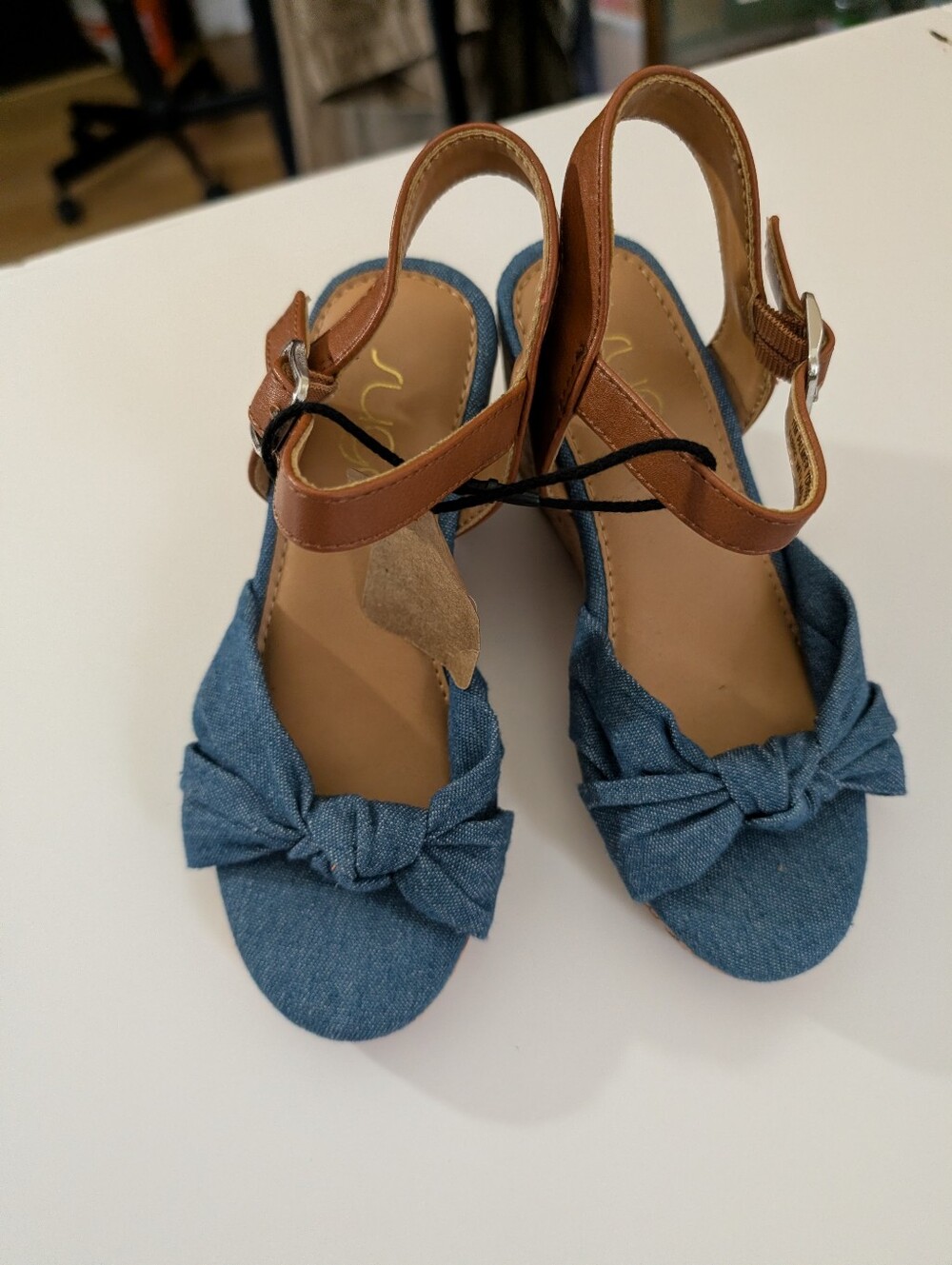 Child's Denim Knot Front "Sugar"Slingback Sandals with Brown Straps